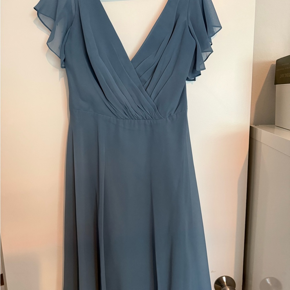 David’s Bridal Flutter Sleeve Short Dress in Steel Blue